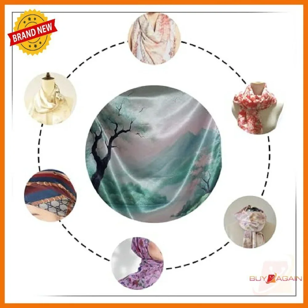 Large 120 Inch Silk Scarf Japanese Landscape Print Lightweight Versatile